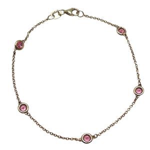 14k Rose Gold Station Bracelet 7" Pink Stone Open Bezel Dainty Chain 1.45g Italy